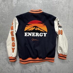 Energy Jacket Mens Large Blue White Varsity Baseball Snap Front Fleece 18